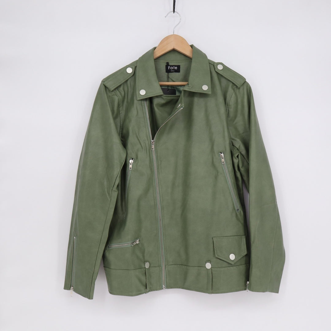 Fate Motorcycle Jacket Mens Small Sage Green Full Zip Long Sleeve Lapel Collar