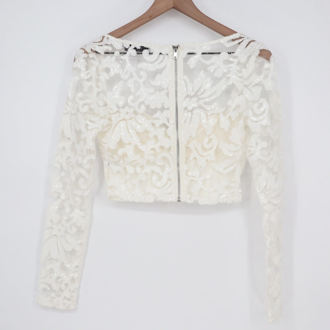 Naked Wardrobe White Sequin Floral Lace Crop Top Long Sleeve Small