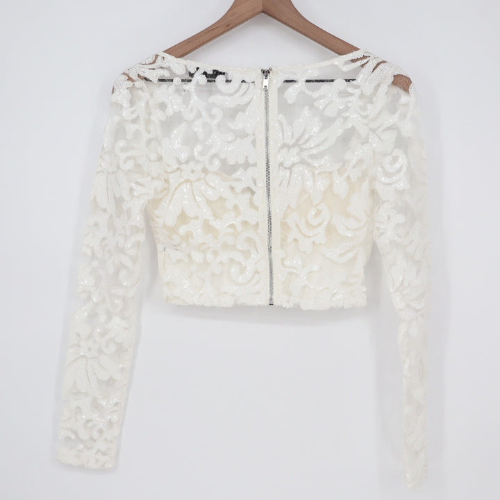 Naked Wardrobe White Sequin Floral Lace Crop Top Long Sleeve Small