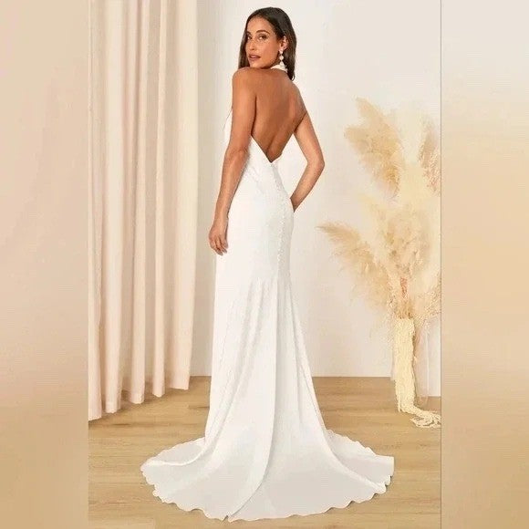 Lulus Eternity Together White Satin Halter Mermaid Maxi Dress Size L