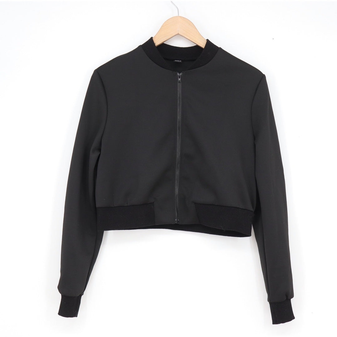 SHEIN Womens Black Cropped Zip Up Bomber Jacket Solid Long Sleeve Small