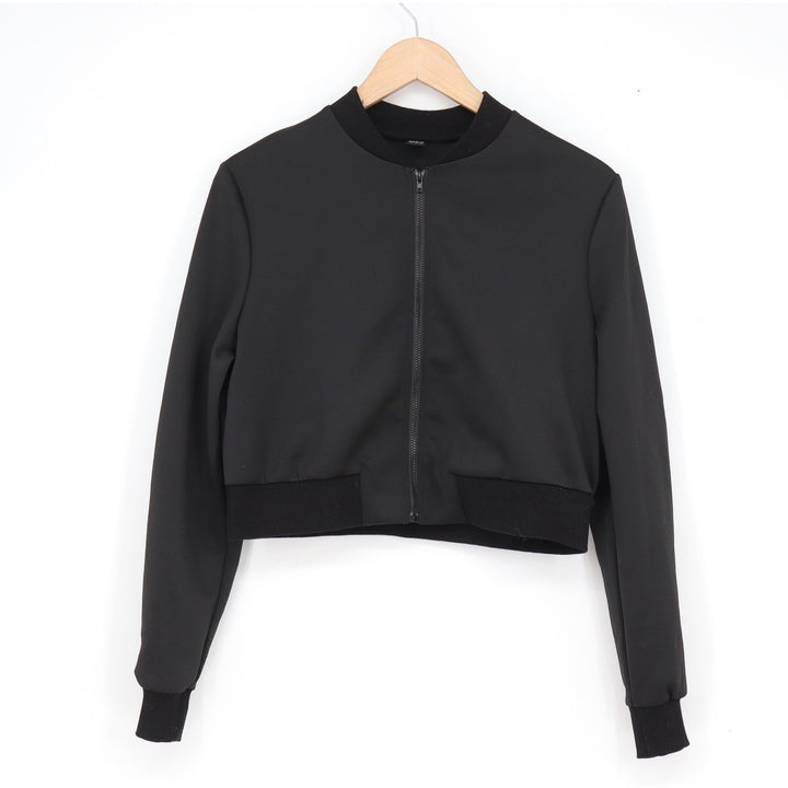 SHEIN Womens Black Cropped Zip Up Bomber Jacket Solid Long Sleeve Small