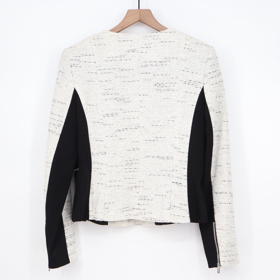 Calvin Klein Womens Black White Tweed Asymmetric Zip Moto Jacket Size 12
