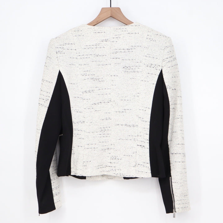 Calvin Klein Womens Black White Tweed Asymmetric Zip Moto Jacket Size 12
