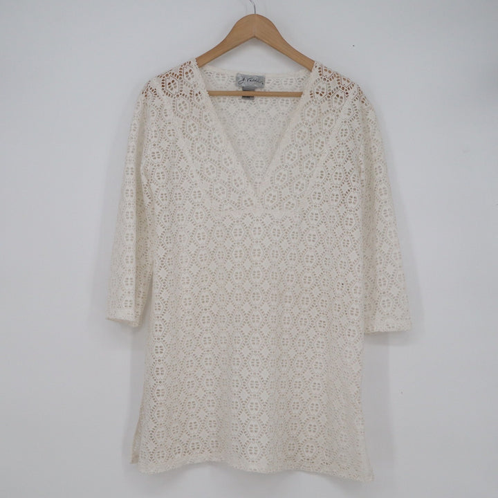 J Valdi Ivory Crochet Lace Swim Cover Up Tunic V-Neck 3/4 Sleeve Small