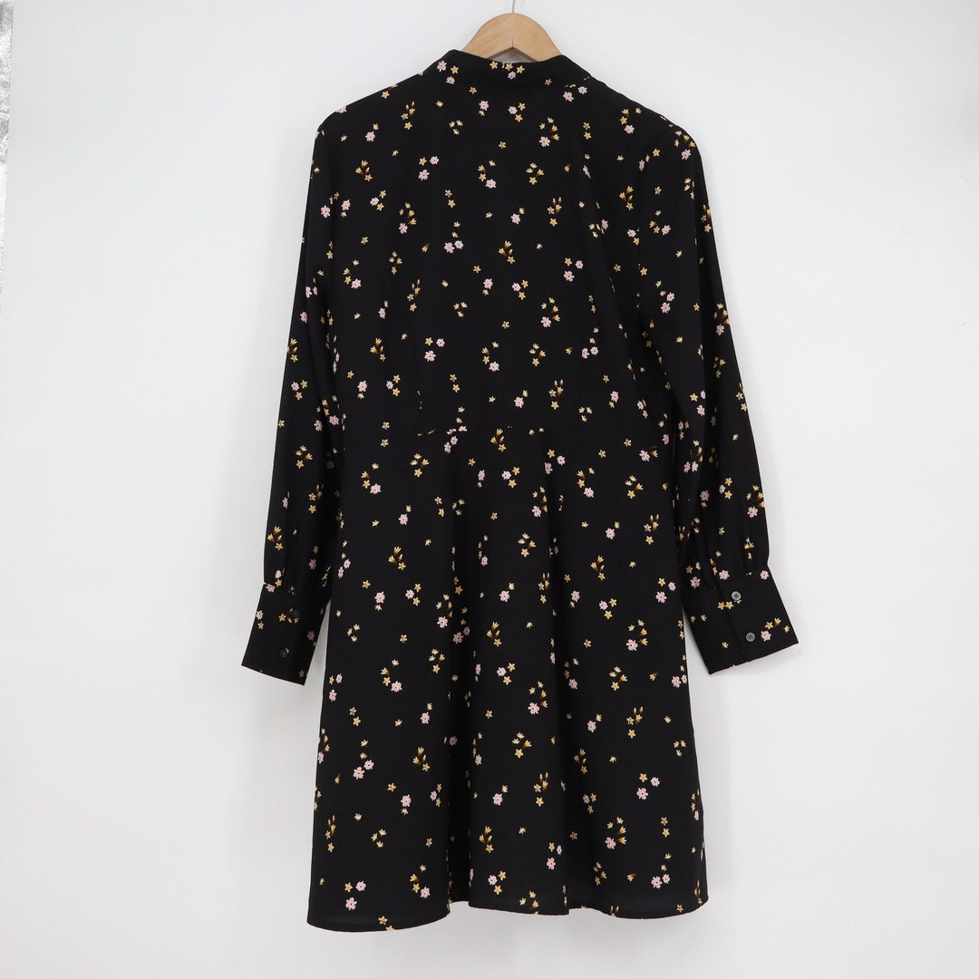 LOFT Black Floral Tie Neck Long Sleeve Mini Dress Size 6