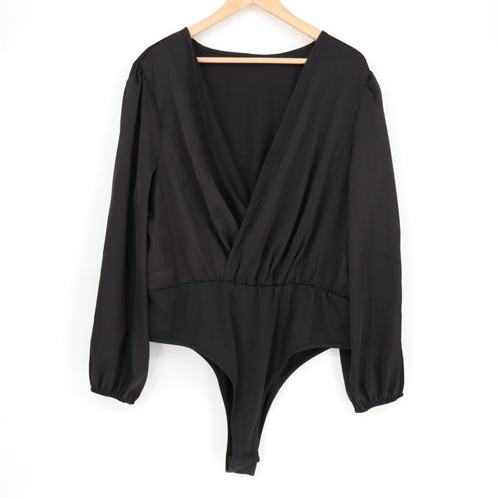 Bodysuit One Piece Womens 2XL Black Stretch Pleated Wrap V-Neck Long Sleeve