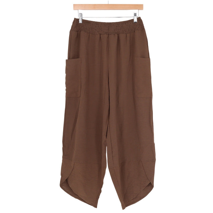 ANRABESS Brown Wide Leg Harem Pants Smocked Waist Tulip Hem