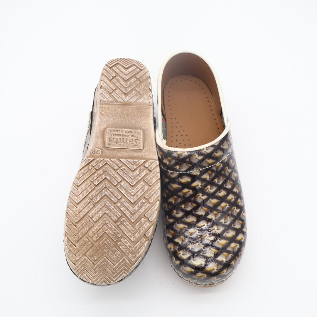 Sanita Danish Clogs Womens EU 38 Brown Black Patterned Slip On Round Toe Shoes