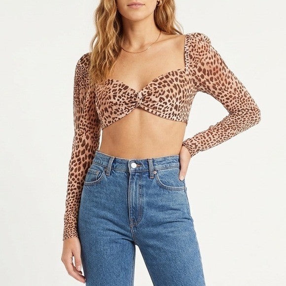 Naked Wardrobe Leopard Print Long Sleeve Crop Top Front Knot XL Tan