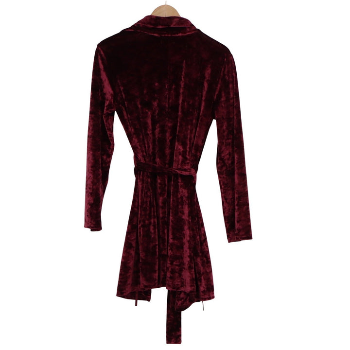 Shimera Burgundy Crushed Velvet Short Robe Shawl Collar Tie Waist Small