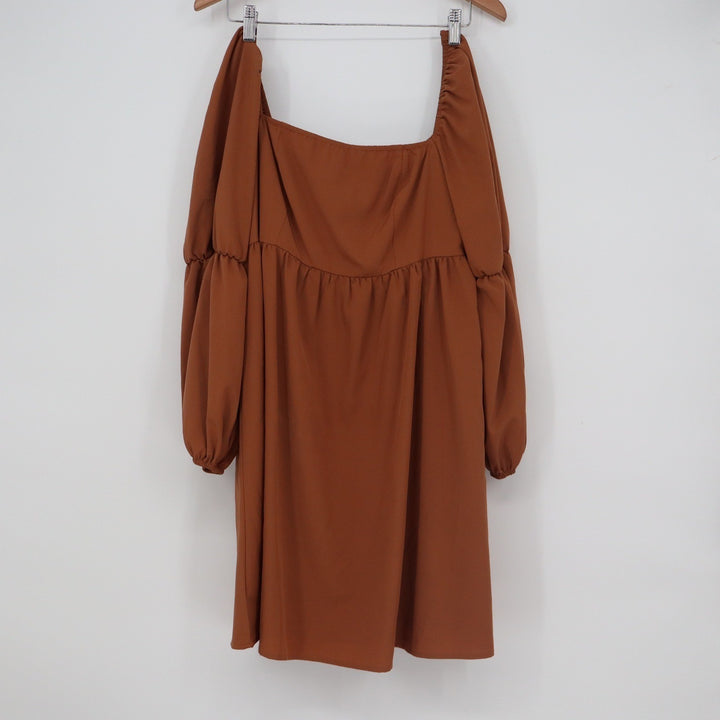 Rust Brown Lantern Sleeve Babydoll Mini Dress Square Neck Smocked Back XL