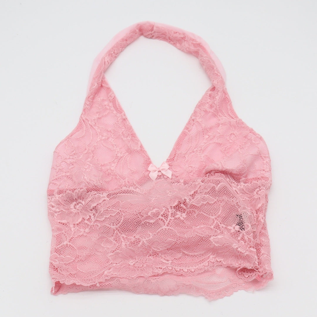 SHEIN Halter Top Womens XS Floral Lace Pink Bow Detail Cropped Excellent