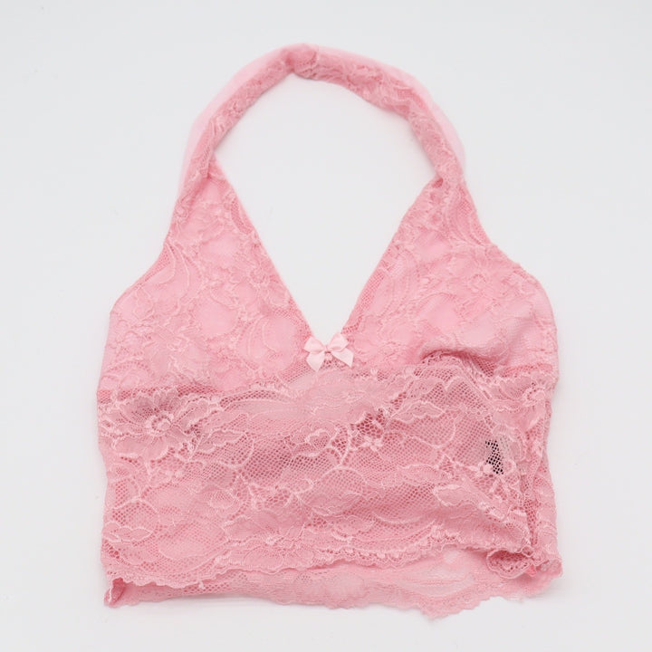 SHEIN Halter Top Womens XS Floral Lace Pink Bow Detail Cropped Excellent