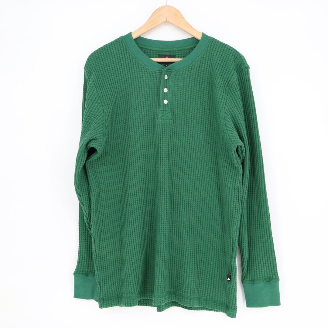 American Giant T-Shirt Men L Hunter Green Waffle Knit Cotton Stretch Henley Neck