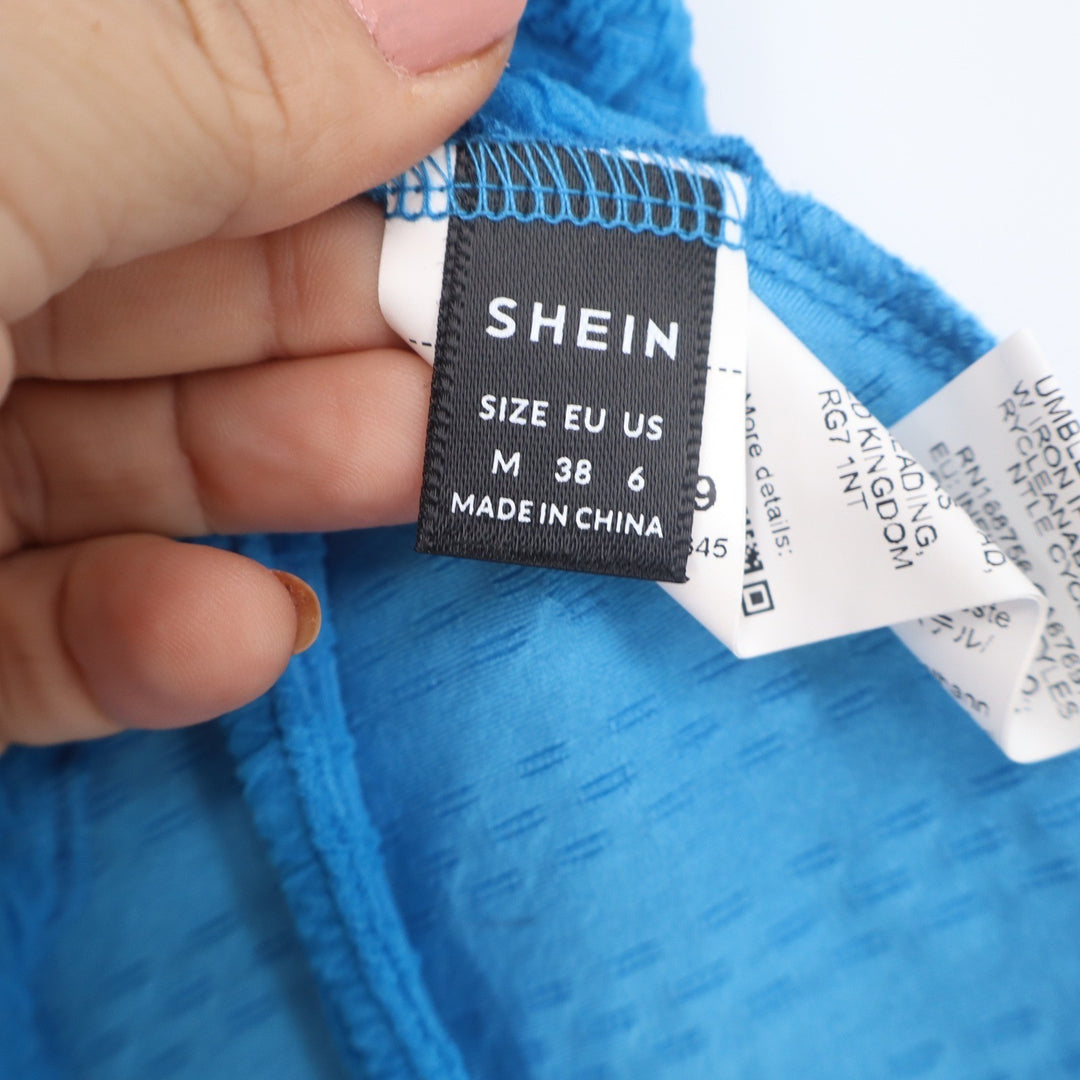 SHEIN Blue Textured Asymmetrical Tube Top Handkerchief Hem Drawstring Size M