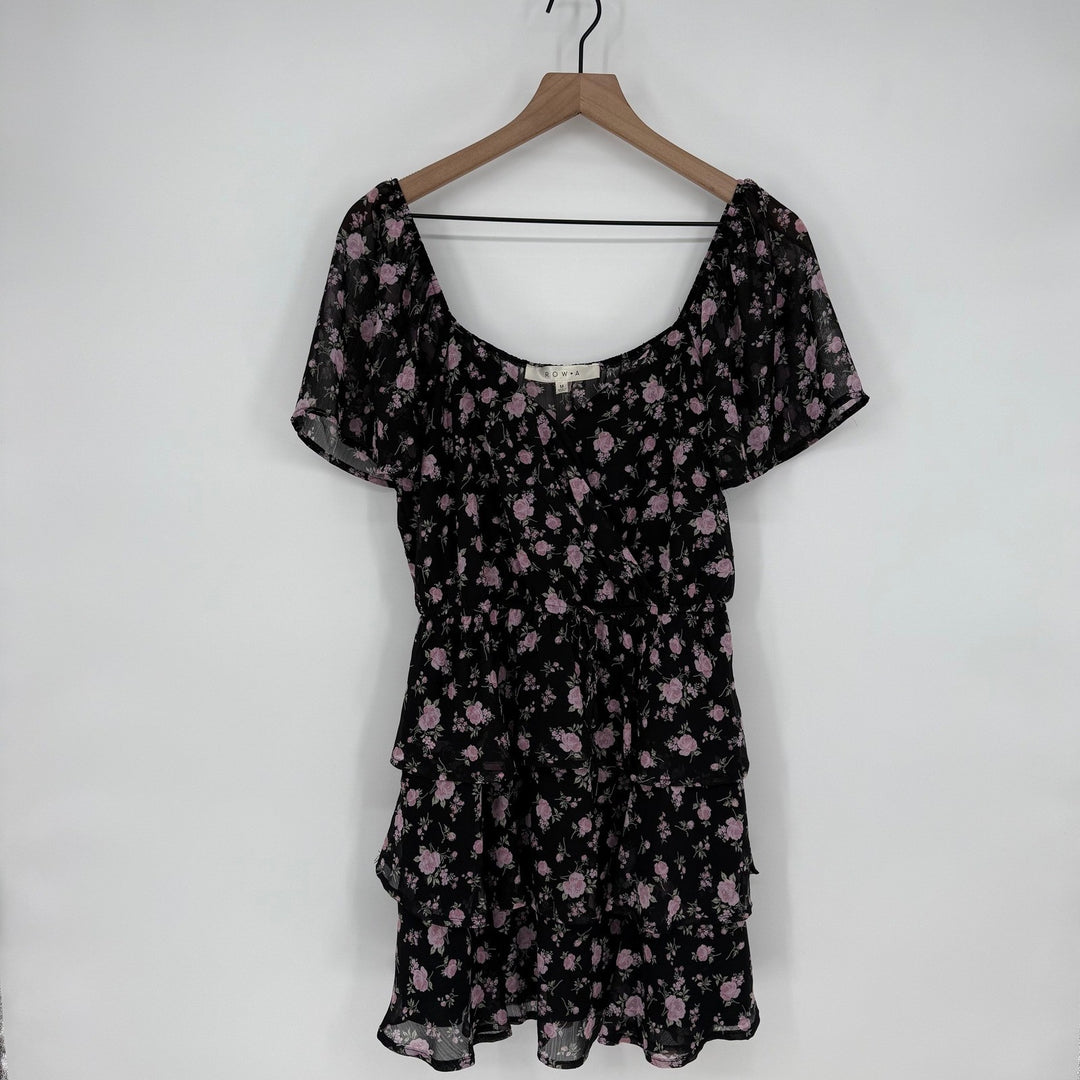 ROW A Black Pink Floral Ruffle Tiered Mini Dress Short Sleeve Square Neck M