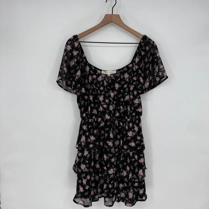 ROW A Black Pink Floral Ruffle Tiered Mini Dress Short Sleeve Square Neck M