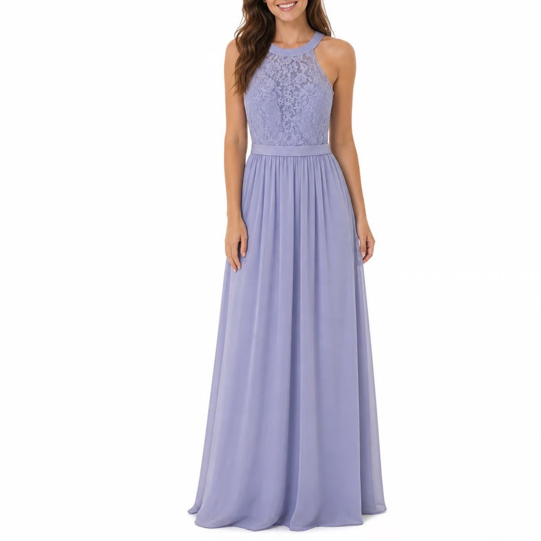 Azazie Periwinkle Blue Lace Halter Neck Maxi Bridesmaid Dress Womens Size A12