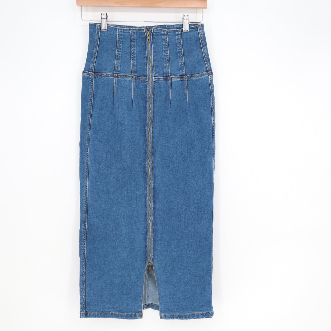SHEIN Womens High Waist Denim Midi Skirt Blue Front Zip Slit Medium Wash Size 4