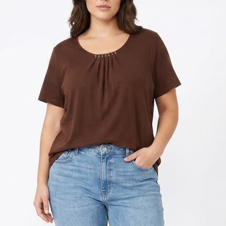 Jason Maxwell Woman Brown Cotton Short Sleeve Rhinestone Pleated Top 2X