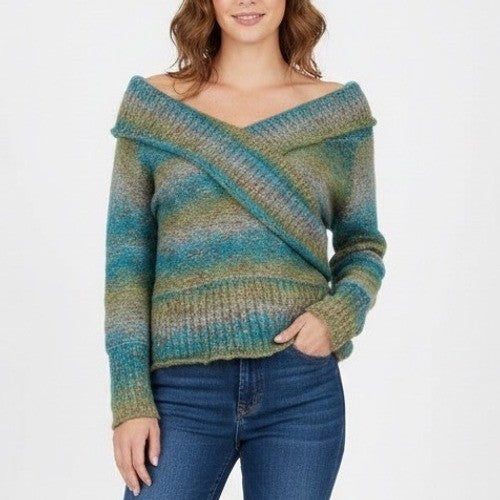 Norm Thompson Sweater Womens Large Multi Striped Knit Ribbed Hem Shawl Collar