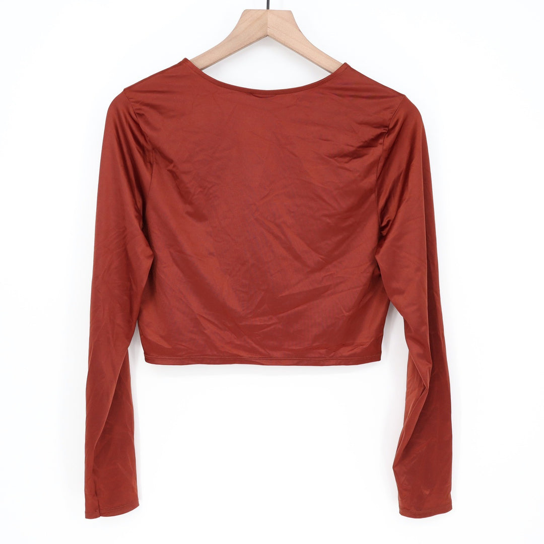 Calia Womens Ruched Long Sleeve Rashguard Red Brown Shine UPF 50+ L