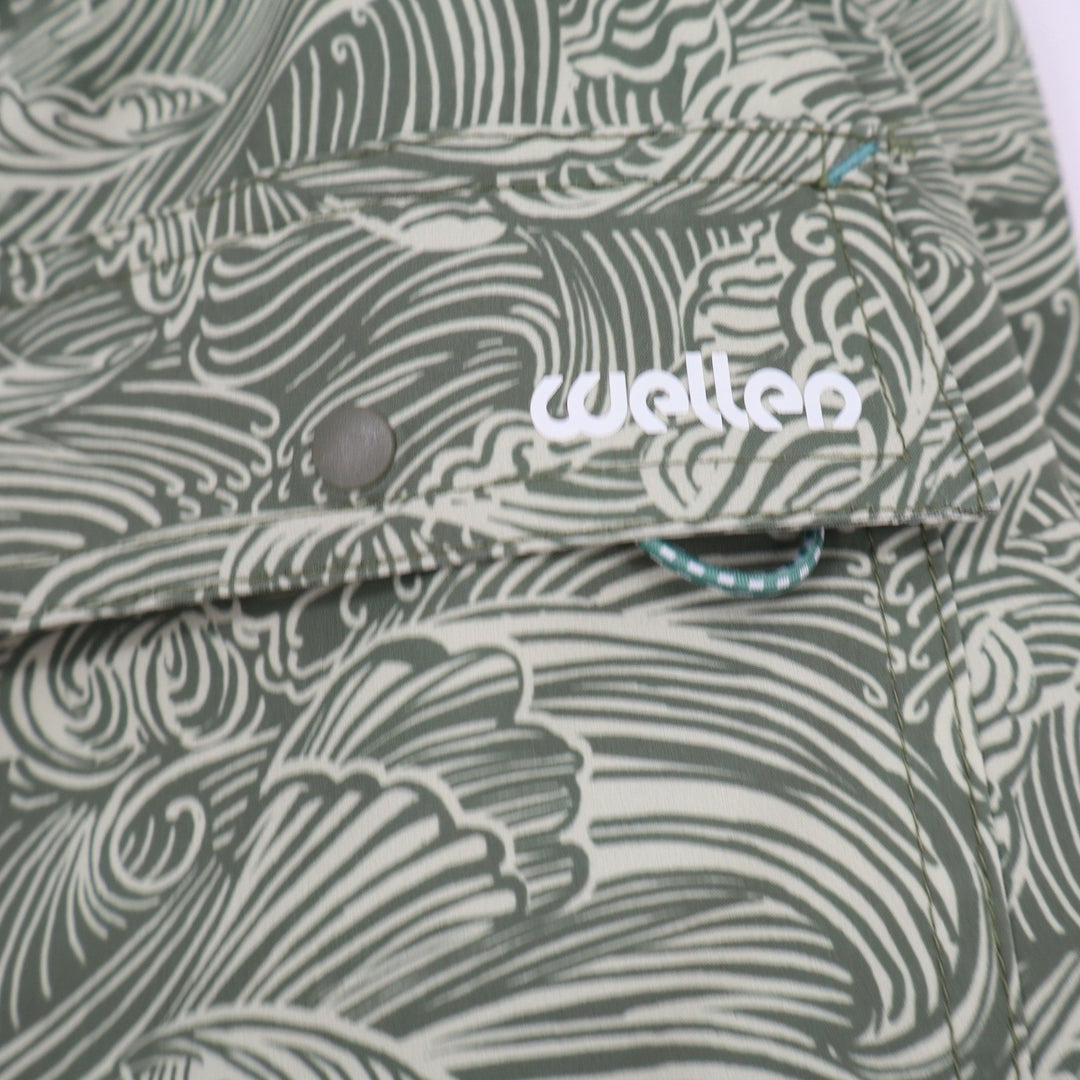 Wellen Swim Trunks Mens L Performance Green Wave Print 5" Inseam Excellent