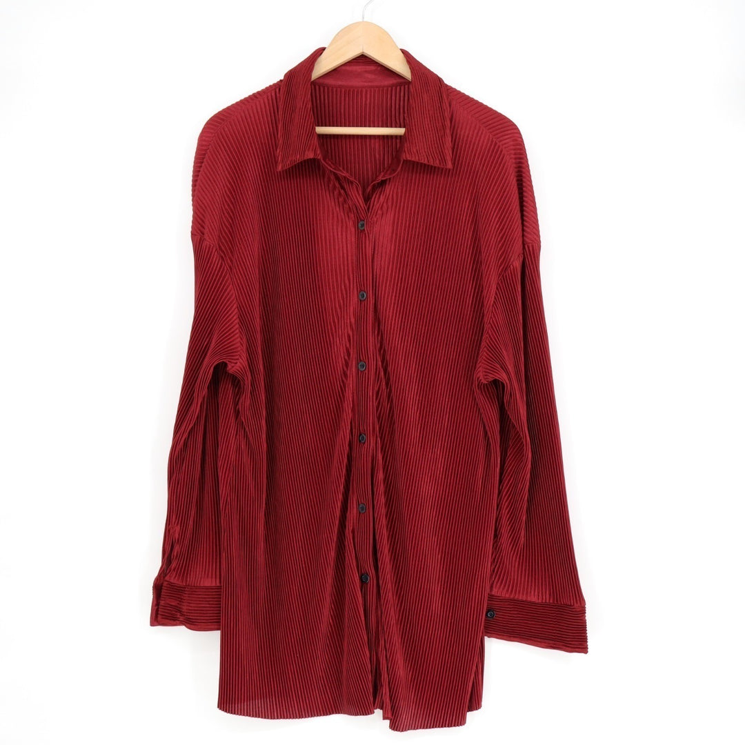 Shein Curve Shirt Womens 2XL Red Pleated Drop Shoulder Spread Collar Button Up