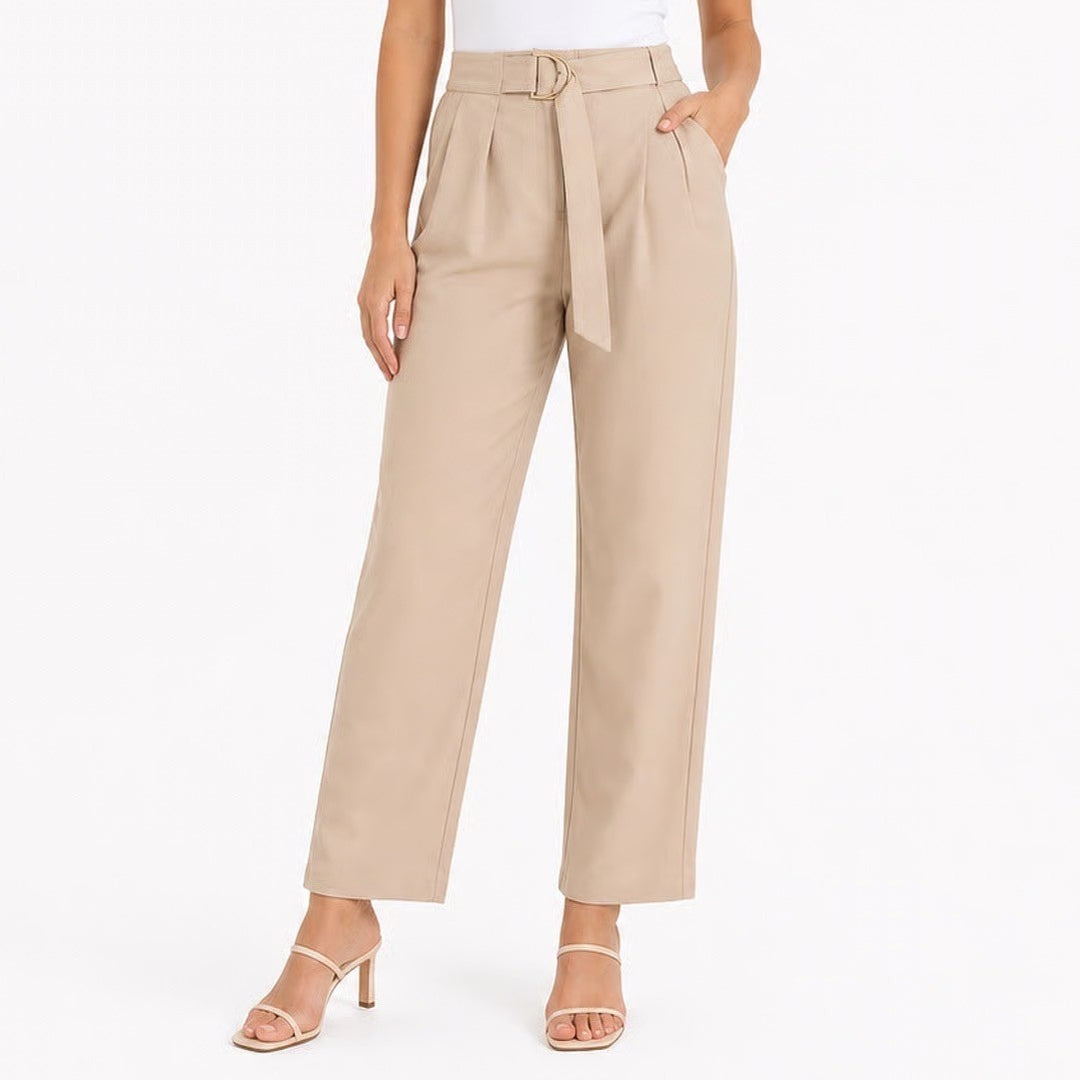 SHEIN Petite Beige High Waisted Pleated D-Ring Belted Trousers Size L