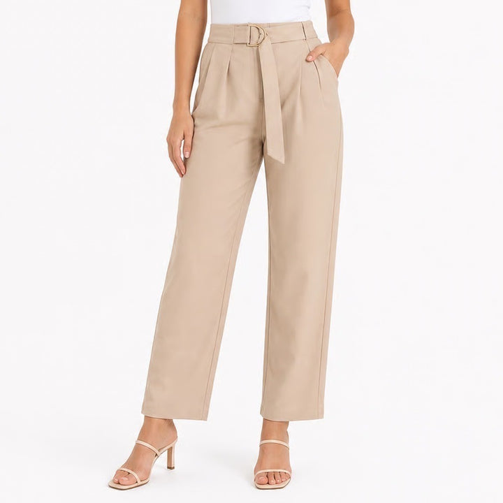 SHEIN Petite Beige High Waisted Pleated D-Ring Belted Trousers Size L