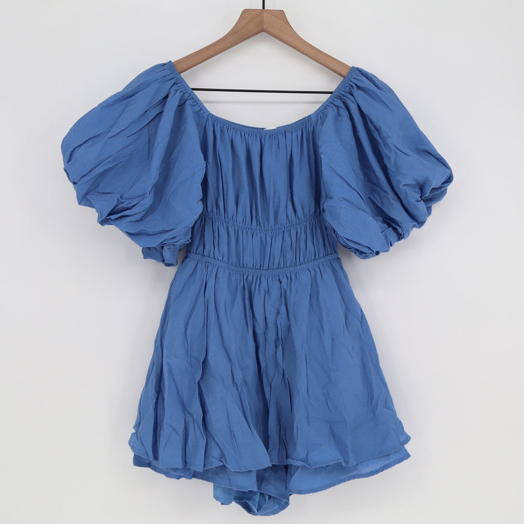 Altar'd State Blue Puff Sleeve Smocked Waist Romper Size S