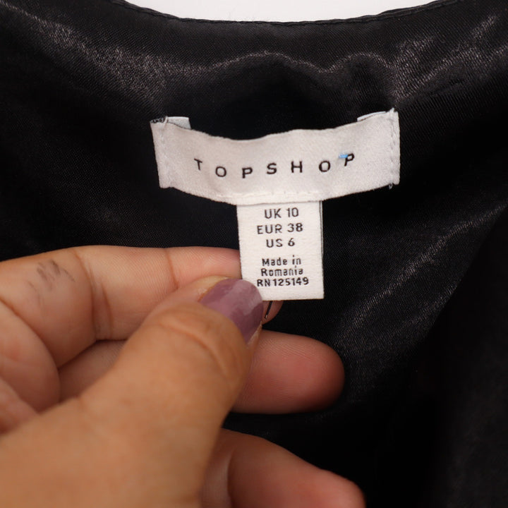 Topshop Black Satin Wrap Mini Dress Ruched Ruffle Hem Spaghetti Strap Size 6