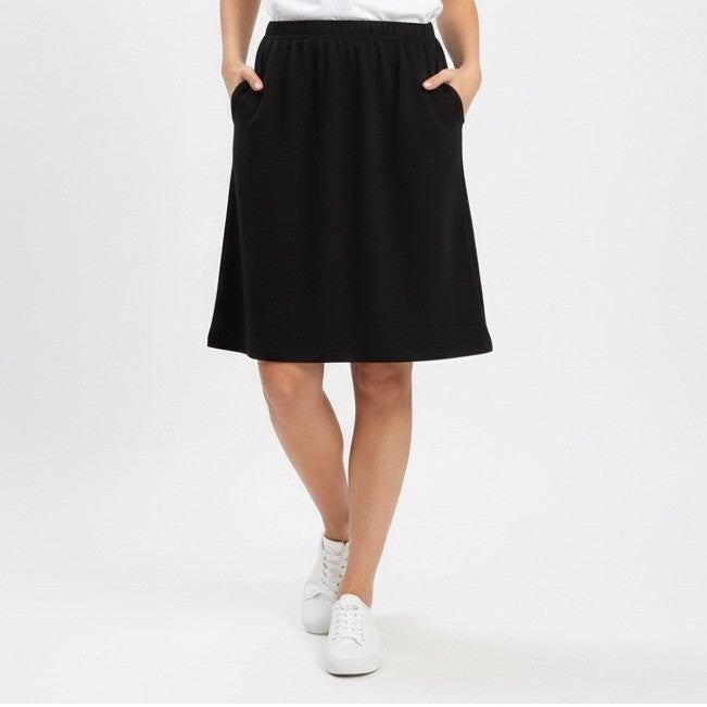 Black Pull On A Line Skirt Size L Polyester Spandex Elastic Waist Knee Length