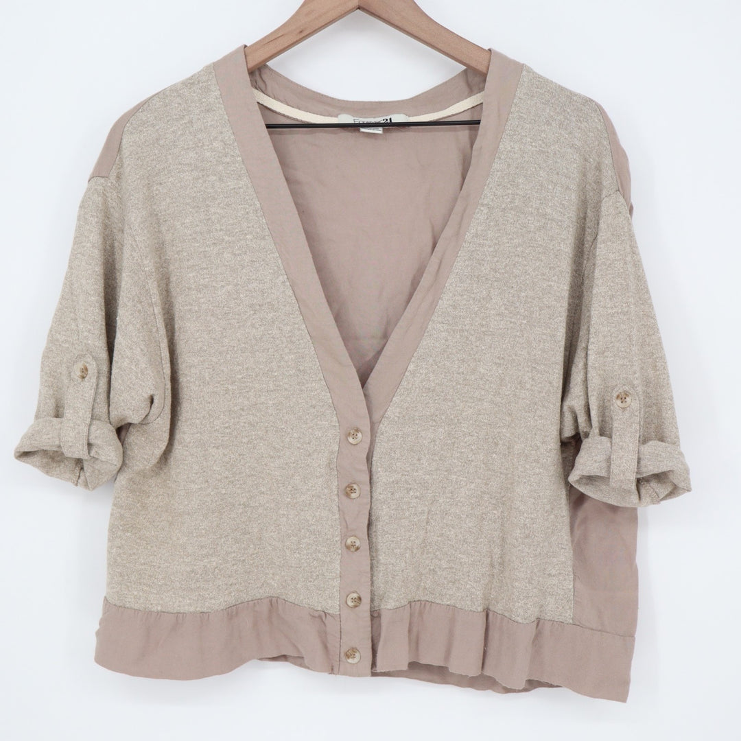 Forever 21 cardigan Crop Sweater Womens Large Gray Cotton V-Neck Roll Tab Sleeve