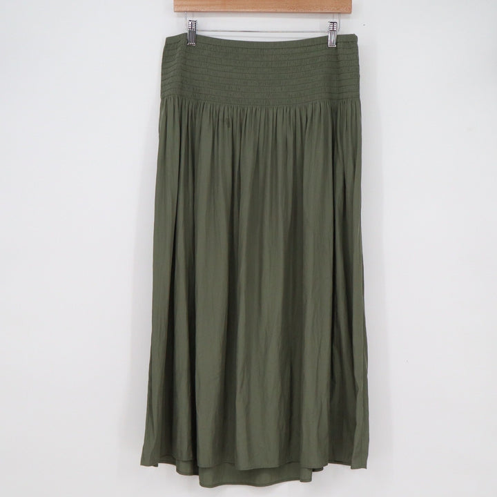 J. Jill Olive Green Smocked Waist Midi Skirt Womens Size Medium Relaxed Fit Boho