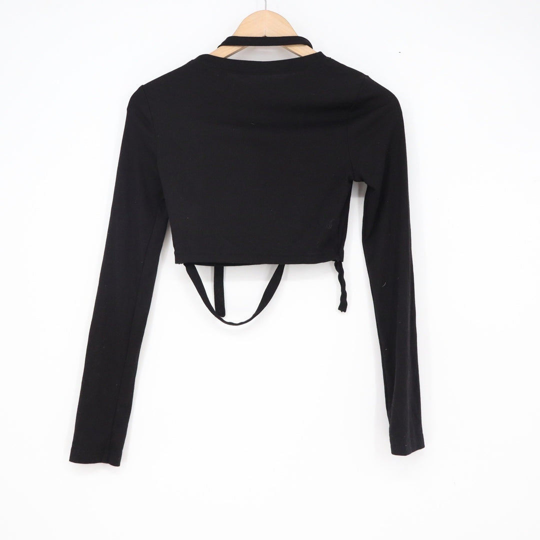 Dazy Womens Black Long Sleeve Strappy Cutout Crop Top Size S Solid Crew Neck