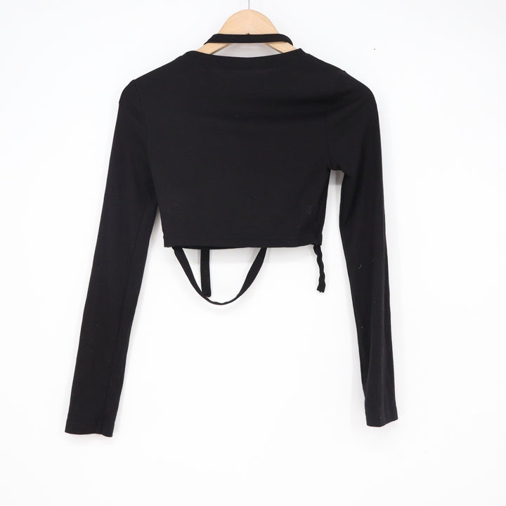 Dazy Womens Black Long Sleeve Strappy Cutout Crop Top Size S Solid Crew Neck