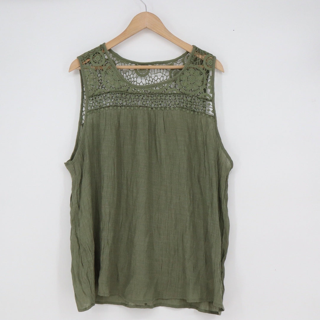 Olive Green Crochet Lace Yoke Sleeveless Boho Tank Top XXL Crinkle Texture