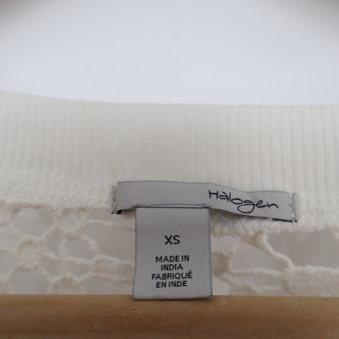 Halogen Womens XS Cream White Open Knit Crochet Cotton Long Sleeve Top