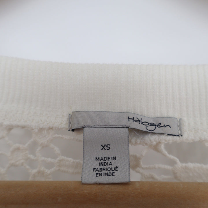 Halogen Womens XS Cream White Open Knit Crochet Cotton Long Sleeve Top