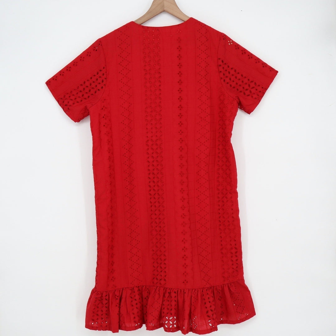 Beatrice Clothing Red Eyelet Lace Button Front Ruffle Hem Dress Short Sleeve