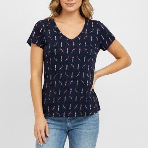 Maison Jules Women's Navy Swimmers Print V Neck T Shirt Size Medium