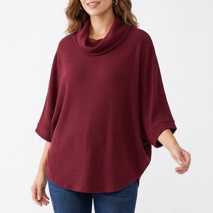 Natural Life Poncho Sweater Womens Medium Red Stretch Knit Cowl Neck Pullover