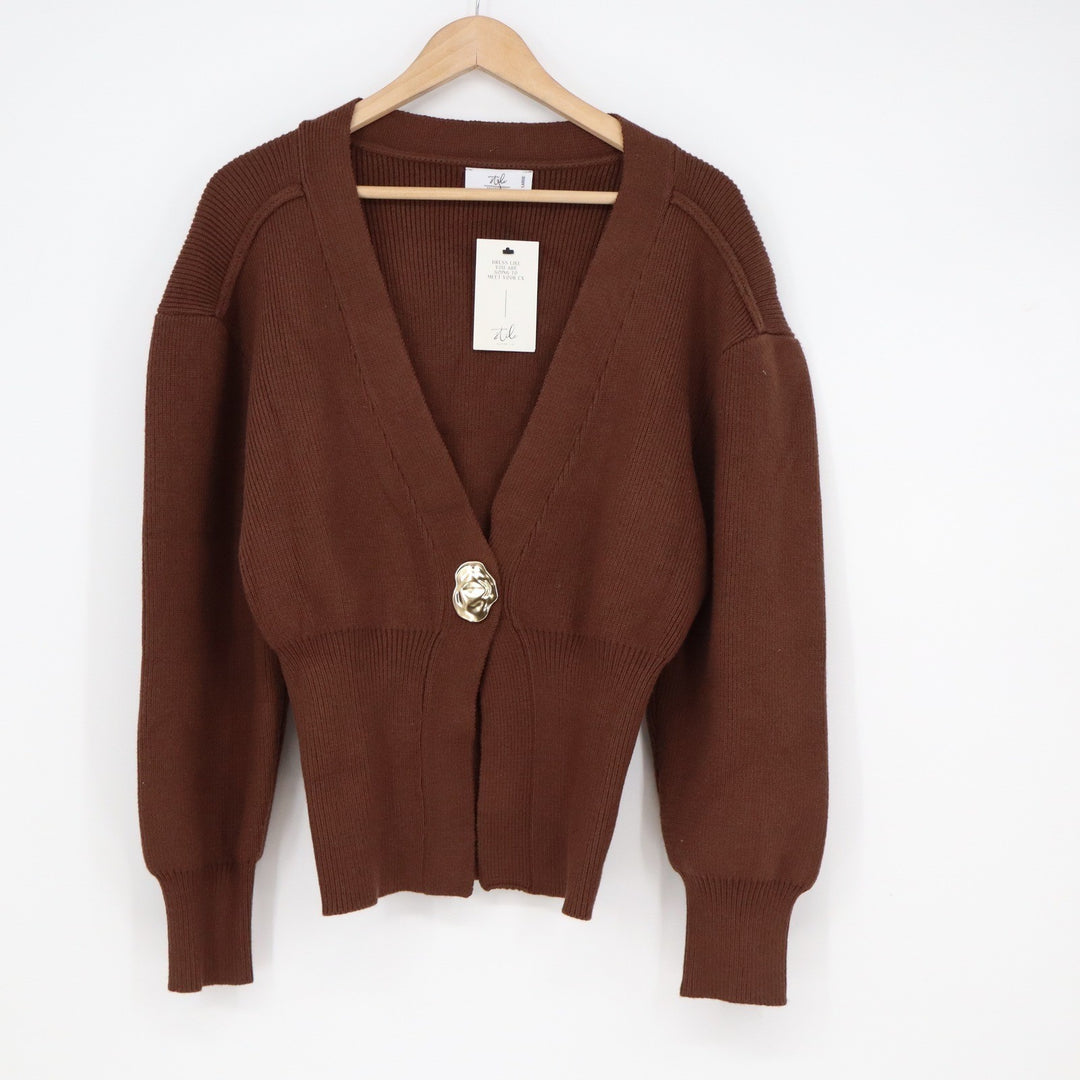 Stile by Per Lei Brown Ribbed Cardigan Statement Button Sweater L