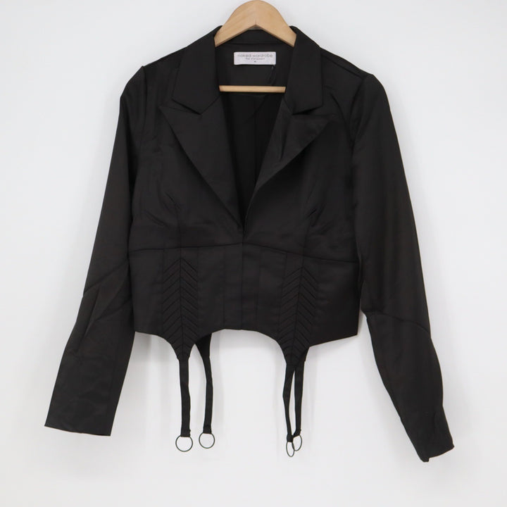 Naked Wardrobe The Statement Black Cropped Garter Blazer Jacket Medium