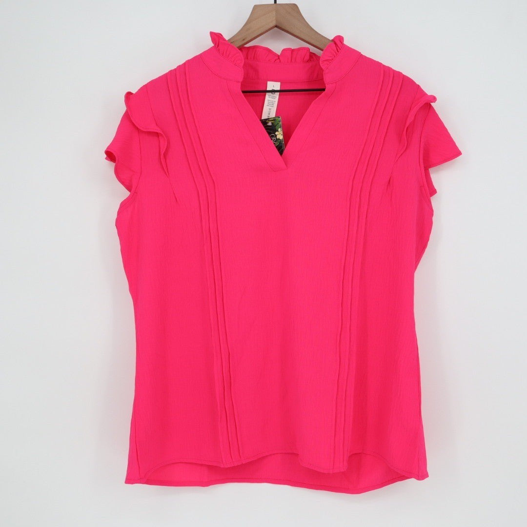 Blooming Jelly Pink Ruffle Mock Neck V-Neck Short Sleeve Blouse Top Plus Size L