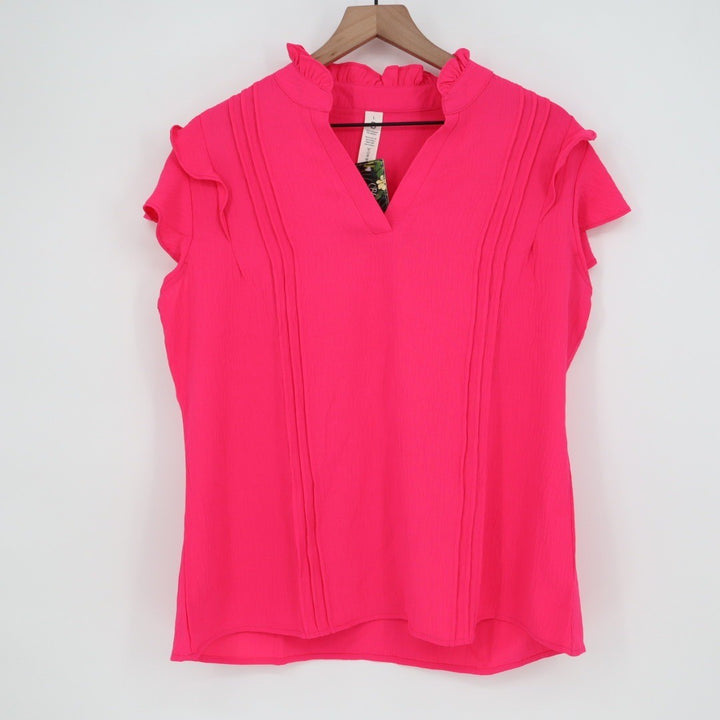 Blooming Jelly Pink Ruffle Mock Neck V-Neck Short Sleeve Blouse Top Plus Size L