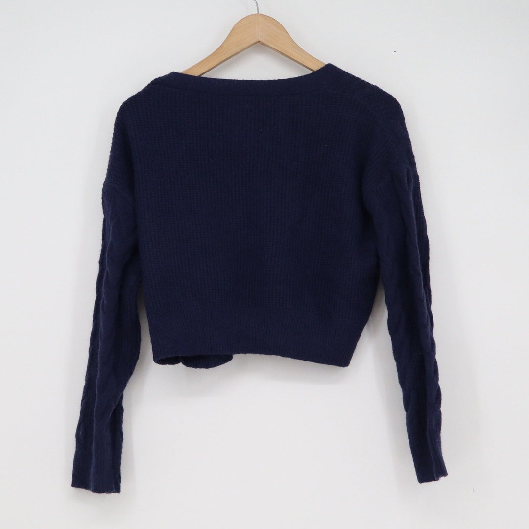 SHEIN Navy Blue Cable Knit Cropped Cardigan V-Neck Button Front Sweater Size M