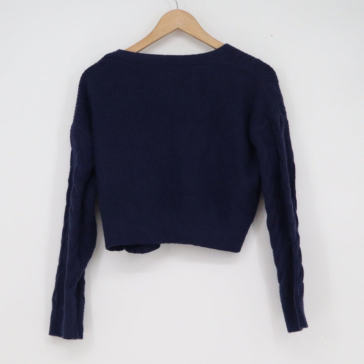 SHEIN Navy Blue Cable Knit Cropped Cardigan V-Neck Button Front Sweater Size M